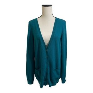 Bloomingdale’s women v-neck button down cardigan cashmere teal size large